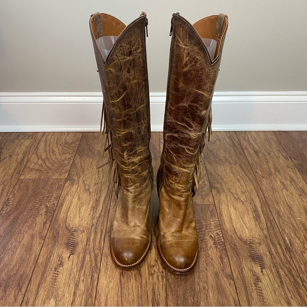 Lucchese Brown Leather Fringe Star Tall Heeled Boots - Picture 4 of 12